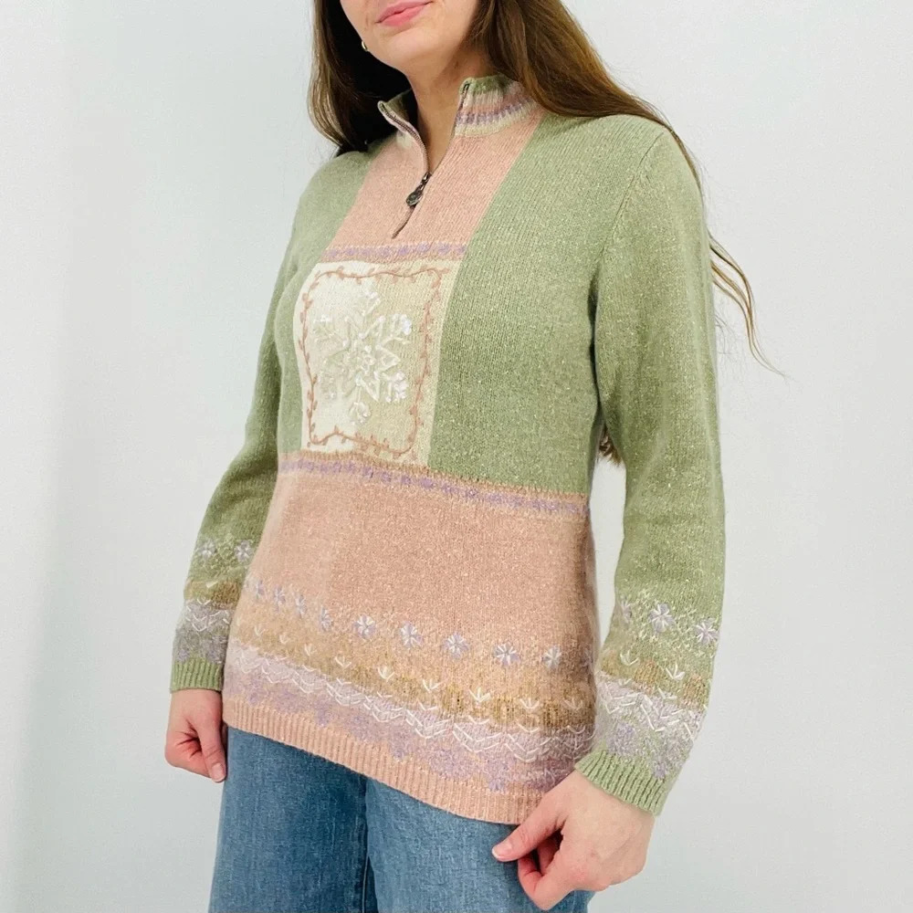 Vintage Pastel Snowflake Ramie Angora Rabbit Blend Quarter Zip Sweater Top S